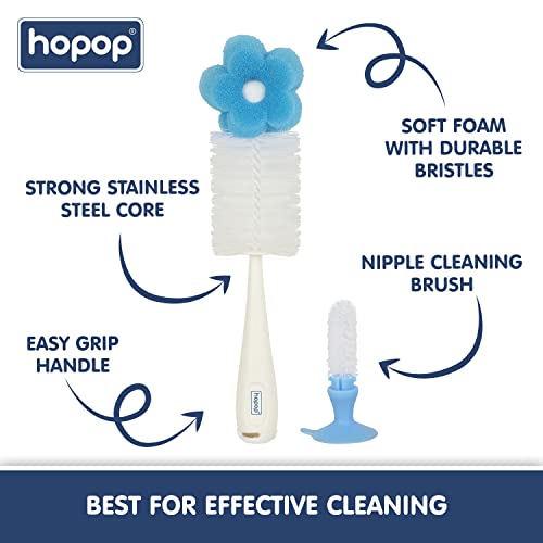 Image of Hopop Bottle Cleaner Brush | Baby Feeding Bottle Cleaning Brush & Nipple Cleaner Brush | Soft Foam Head with Durable Bristles | Easy to Clean Feeding /Water Bottle Corners | BPA Free | Blue