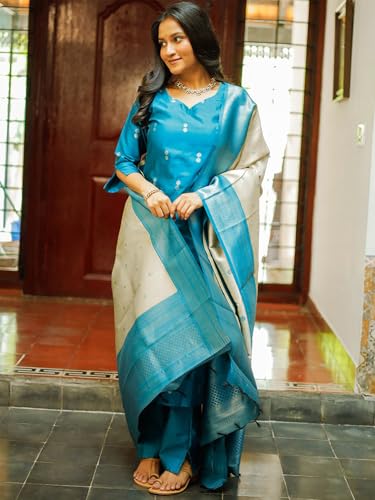 Image of ABTER Women's Teal Blue Kurta Pant Dupatta Set with Woven Border and Printed Motifs, Sky Blue Rasmalai Suit