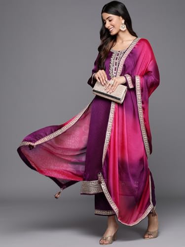 Image of Libas Womens Printed Chiffon Straight Kurta With Trousers and Dupatta | daily wear suit