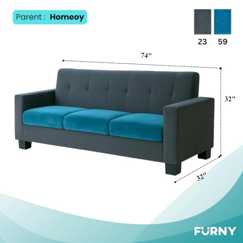 Image of Furny Homeway 3 Seater Fabric Sofa Set (Teal Blue-Dark Grey) | Soft Velvet Fabric | Modern Design | Comfortable Seating | Living Room Furniture