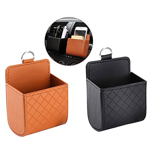 RIXERKOC Lot de 2 sacs de rangement pour grille d'aération de voiture - En cuir - Avec double crochet pour clés, pièces de monnaie, téléphone portable et lunettes de soleil (noir + marron) Cover