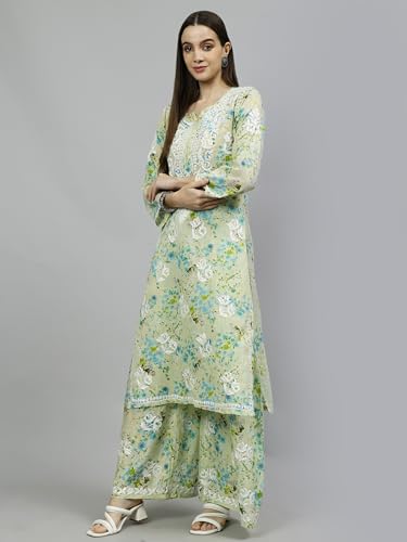 Image of Seva Chikan Hand Embroidered Lucknowi Chikankari Mal Mal Straight Printed Kurta & Palazzo Set for Women SCL8041