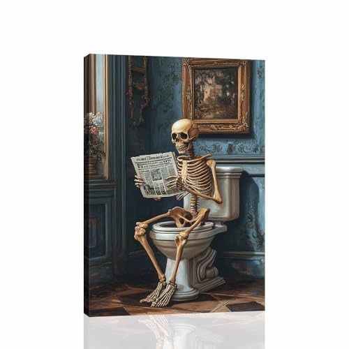 MNFGMH Halloween Bathroom Wall Art Skeleton Reading Newspaper On Toilet