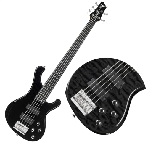 Bullstar Electric Bass Guitar 5 Strings Full-Size Standard Solid Wood Electric Bass Ripple Elm Wood Body Flowing Water Wave Design Each Guitar Has Unique Grain A True Piece of Art DB120 (Black)