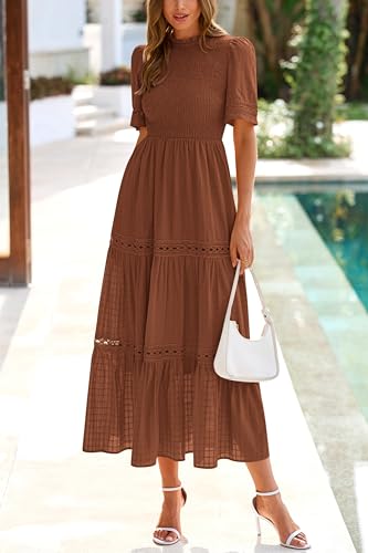 dowerme Summer Dresses for Women 2025 Casual Boho Hollow Out Short Sleeve Ruffle Mock Neck Smocked Maxi Gingham Sundress2