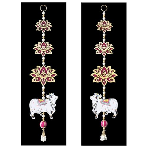 Image of Saugat Traders Handmade Lotus with Cow Hangings for Decoration, Home Decor, Pooja Room Temple, Main Door - Hanging for Main Door Entrance - Traditional Wall Hanging 1 Pair