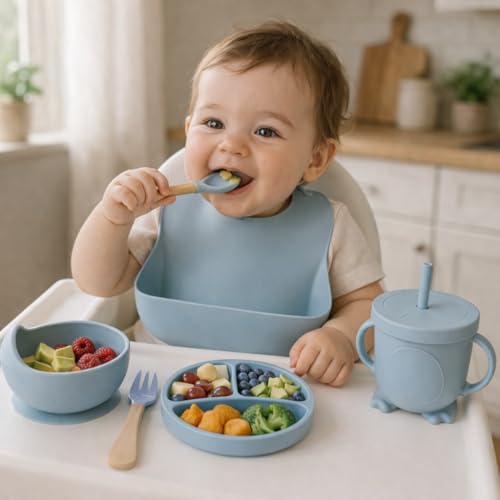 Image of 6PCS Silicone Baby Feeding Set - Suction Plate, Bowl, Bib, Spoon, Fork, Cup - BPA-Free, Non-Toxic, Microwave & Dishwasher Safe for Toddlers 6+ Months - Light Blue