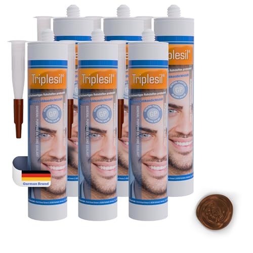 Triplesil Premium Mastic Silicone –6×310 ml Silicone Sanitaire – Étanche & Résistant aux Moisissures –Mastic Silicone pour Salle de Bain et Cuisine – Étanchéité Tous Matériaux(brun)