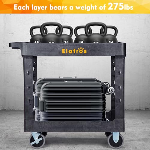 Image of ELAFROS 2-Tier Heavy Duty Rolling Cart, 34 x 17 in, 2 Fixed 2 Swivel, Black