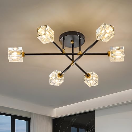 Image of Black Gold Crystal Semi Flush Mount Ceiling Light Fixture Industrial 26 inch Sputnik Chandeliers 6 -Light Modern Chandelier for Foyer Entryway Kitchen Bedroom Living Room Dining Room