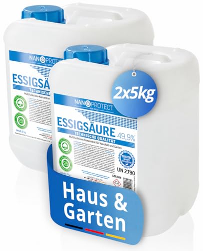 Nanoprotect Essigsäure 49 9% Klimaneutral - 10 kg | Ideal als Reiniger und Entkalker | Für Haus und Garten | Premium Qualität Made in Germany
