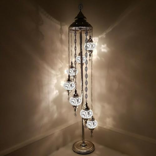 Handmade Turkish Moroccan Arabian Eastern Bohemian Tiffany Style Glass Mosaic Colourful Silver Floor Lamp Lamps Home Decor (White C - 7 Ball)