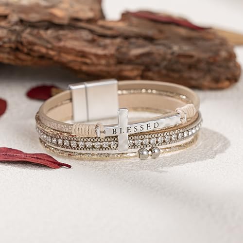 FANCY SHINY Cross Leather Bracelets Christian Jewelry Religious Gifts for Women Boho Wrap Cuff Bangle Bracelets with Magnetic Clasp4
