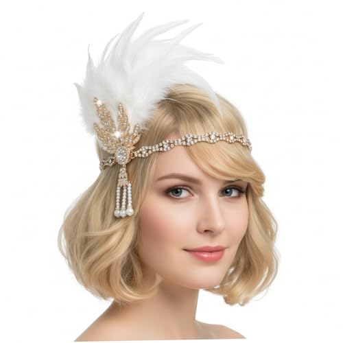 SMELEYOU Flapper Pannband 1920-tals huvudbonad för kvinnor med kristallpärla vintage art deco hårtillbehör för jazz ålder fest halloween kostym vit