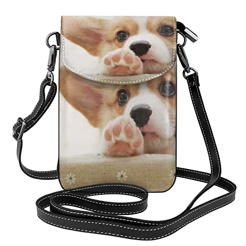 Sac à bandoulière imprimé Corgi en cuir noir pour téléphone portable avec rabat pratique
