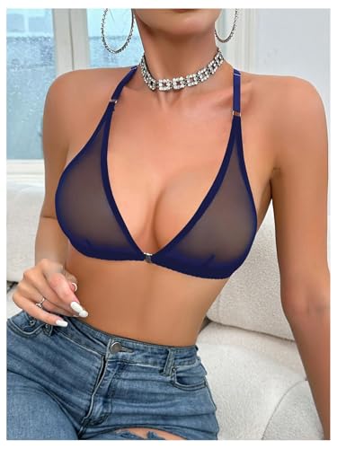 Image of SOLY HUX Women's Sheer Mesh Through Bra Sheer Bralette Front Closure Deep V Neck Wireless Lingerie Sexy Lingerie Bra