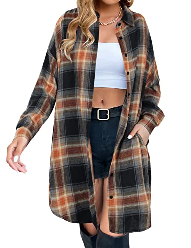 Blooming Jelly Women's Button Down Flannel Shirts Plaid Shacket Long Sleeve Collared Long Jacket Coats(Small,Sandy Brown and Black Plaid)