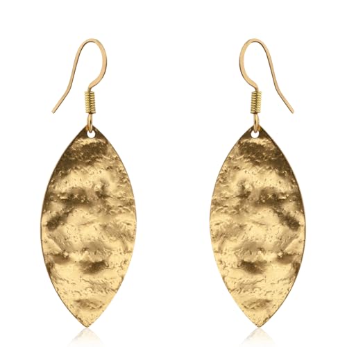 Hammered Gold Leaf Earrings for Women 14K Gold Plated Handmade Earrings Hypoallergenic Unique Earrings Dangle Earrings for Women