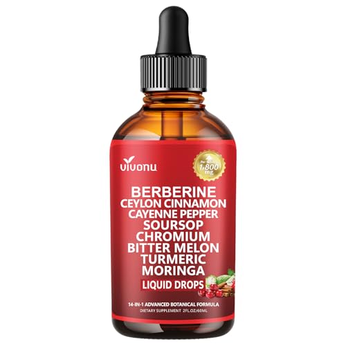 14-in-1 Berberine with Ceylon Cinnamon Supplement Liquid Drops, 1800mg + 30:1 Liposomal Tech with Cayenne Pepper, Soursop, Chromium, Bitter Melon, Turmeric, Moringa, Gymnema, Glucomannan, GLP Support