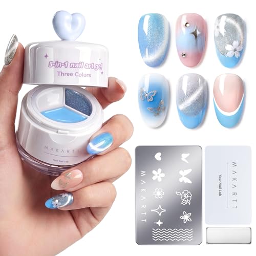 Makartt ColorPot 5-in-1 Nail Art Gel: 3 Colors Gel Polish No Wipe with Nail Stamper for Stamping Ombre Patting Painting Sculpting & French Tips with Silicone Head for Diy Cute Nails at Home Salon