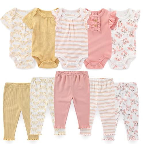 Image of falianni Baby Boy Girl 10 Piece Combined Type Clothing Set Cotton Baby Bodysuits and Pants Set Home Outdoor Infant Clothes