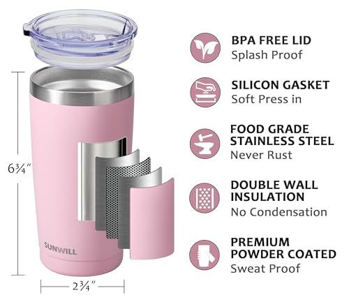 Image of SUNWILL Travel Coffee Tumbler 20 oz, Insulated Mug with Lid, Stainless Steel Cup for Hot and Cold Drinks, Powder Coated Sakura