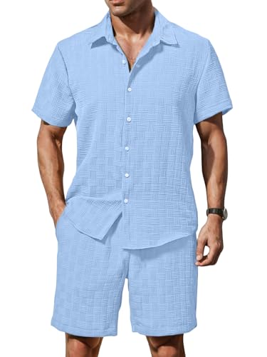 Image of GRECIILOOKS Men'S Summer Casual Two Piece Outfit, Textured Button Down Shirt and Shorts Set, Lightweight Poly Blend Co-Ord for Beach, Travel & Lounge Wear