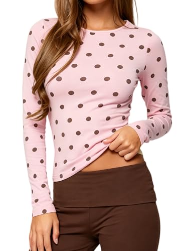 Seyumixi Polka Dot Tops for Women Y2K Long Sleeve Crop Top Vintage Cute Slim Fit Crew Neck Shirt Going Out Streetwear(Basic Pink S)