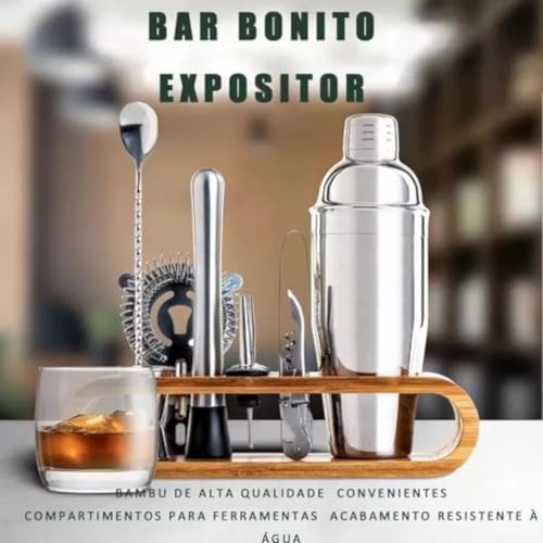 Combo Coqueteleira Bar Profissional de 12 Peças em Aço Inoxidável 550ml - Inclui Organizador de Bamb