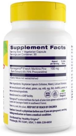Miniatura 2 de Healthy Origins Pycnogenol 100 mg - Extracto de corteza de pino prémium - Extracto de corteza de pino marítimo francés para la salud del corazón,