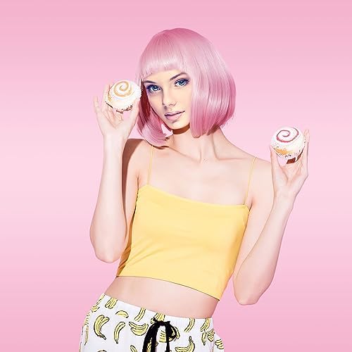 SKHAOVS Pink Wig and Party Sunglasses Pink Wig with Bangs Pink Bob Wig with Fringe, Wigs for Women, Pink Wigs for Bachelorette Neon Party Favors, Halloween Decorations (Pink)