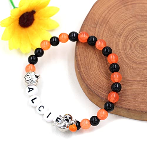 Image of Uloveido Black Orange Jade Charms Halloween Bracelets All Saints' Gift - DIY Customized Name Beaded Bracelet