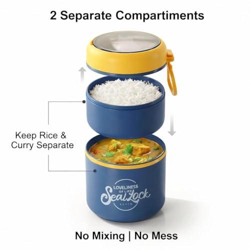 Image of 780ml Stainless Steel Lunch Box with Spoon, Handle, Leak Proof Small Container for Snack, Diet & Prep Food, Stackable Stainless Steel 2 Tier Men's Lunchbox for Work (Blue)