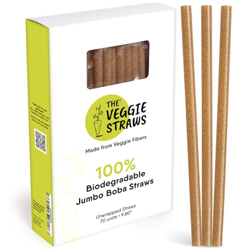 Image of The Veggie Straws - 70 PCS of 9.80 Inches Unwrapped Biodegradable Jumbo Boba Straws - Made of Vegetable Fibers, Best Environment Friendly Drinking Straws for Hot and Cold Beverages