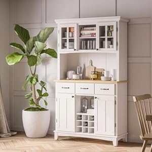 homestyles Buffets Off White Server with Hutch and Natural Wood Top