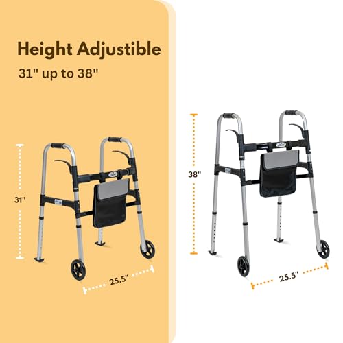 iLiving-Easy-Folding-Rolling-Walker-with-Shopping-Bag-Basket-and-Glide-Skis-Upright-Mobility-Aid-for-Senior-or-Adults-Foldable-and-Adjustable-Height-Supports-up-to-350-lbs-Standard-Walker-Silver