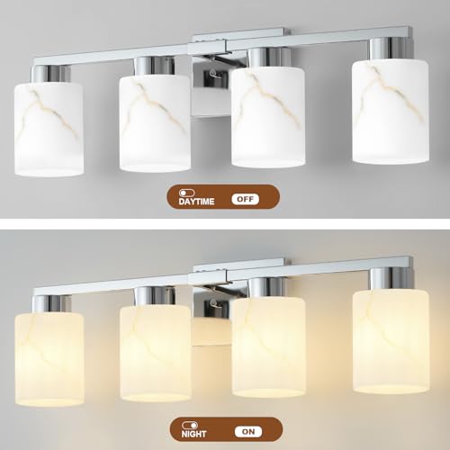Image of 4-Light Bathroom Light Fixtures, Modern Vanity Lights, Chrome Metal Wall Lamp with White Marble Glass for Bathroom, Mirror, Living Room, Bedroom, Cabinet, Porch, Hallway, E26 Base