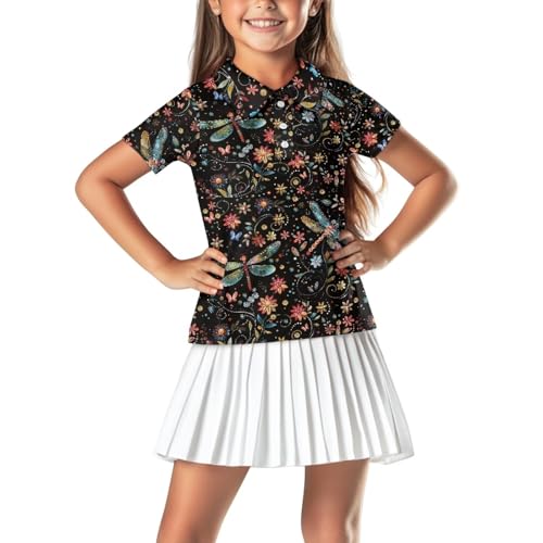 Gzzxiailg Dragonfly Floral Girls and Boys Golf Shirts Short Sleeve Performance Polo Shirts Comfortable & Soft School Uniform Shirts Button UP Athletic Tops for 5-14 Years
