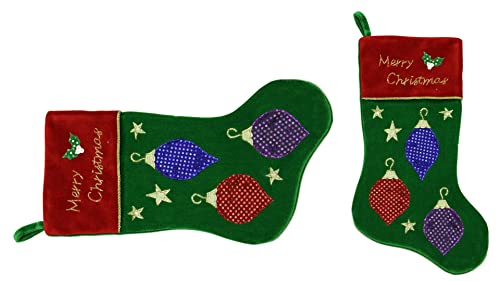 1 Pcs 20" Green Embroidered Velveteen Christmas Ornament Stocking Red Cuff - Xmas10 #TOP9