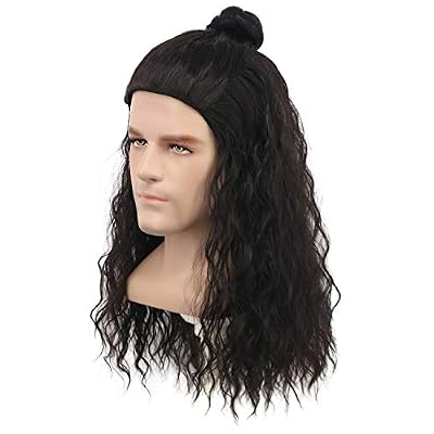 yuehong Long Wavy Mens Black Bun Style Wig Rock Mullet Star Cosplay Costume Hair Heat Resistant Synthetic Fibers Fluffy Durable Breathable Wig