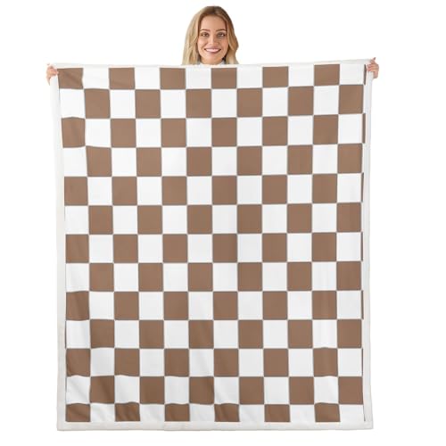 Image of Erosebridal Geometric Checkered Sherpa Blanket White Khaki Checkerboard Grid Fleece Bed Blanket Queen 90 inchX90 inch,Buffalo Plaid Gingham Throw Blanket for Kids Adults Men Geometrical Fuzzy Blanket