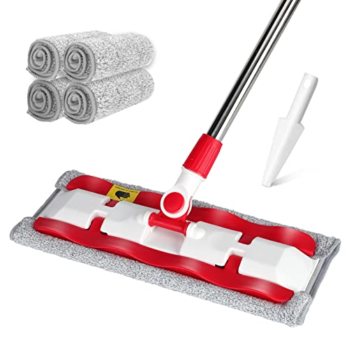 Masthome Flat Mop, Microfibre Mop for Floor Cleaning, Floor Mops for Laminate, Tile,Hardwood Floor, Household Wet & Dry Mops with 4 Reusable Pads & 148.5cm Adjustable Handle - Send Cleaning Scraper