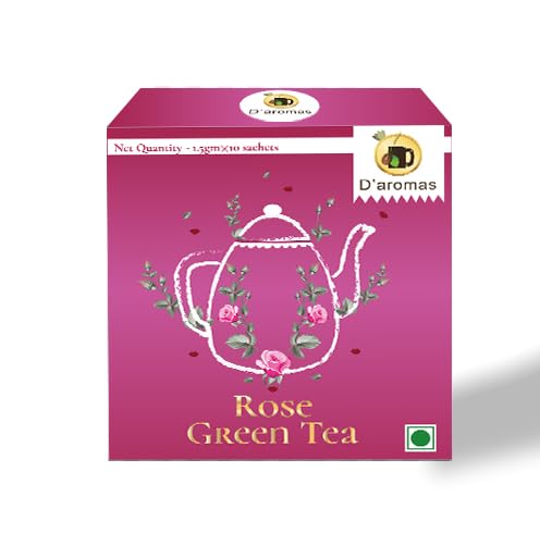 D'aromas Rose Green Tea Bags | Pure Rose Petals Infusion | Delicate Floral Aroma | Refreshing & Aromatic Herbal Tea | 10 Tea Bags (1.5g Each) | D'aromas Herbal Tea