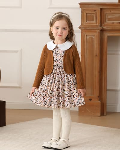 Mioglrie Toddler Girl Dress 12 18 Months Girl Clothes Baby Brown Dresses Fall Winter 2Pcs Casual Playwear Outfits 1 Year Old Girls Floral Dress and Cute Coat - Thumbnail 3
