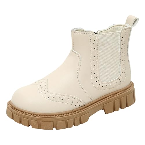 Ankle Boots For Toddler Girl,Fashion Kids Side Zipper Slip on Lug Sole Chelsea Booties Comfortable Low Heel Leather Cowgirl Boots For Little Girls Waterproof Combat Shoes (White, 11 Little Child)