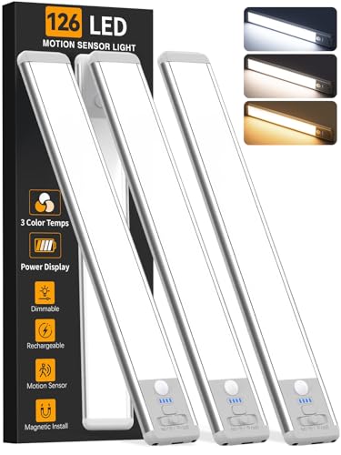 Image of Under Cabinet Lighting Wireless, 15inch Rechargeable Motion Sensor Light Indoor, 3 Color Closet Light Battery Operated with LED Power Display, Magnetic Under Counter Lights for Kitchen, Home (3Pack)