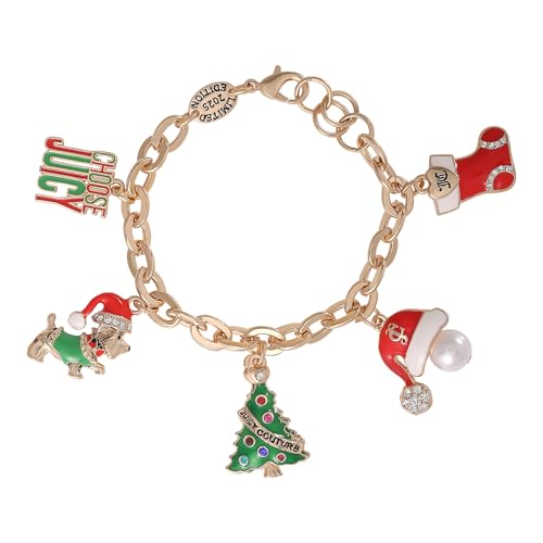 Juicy Couture Christmas Charm Bracelet for Women 7.5", Gold-Tone Chunky Bracelet with 5 Holiday and Logo Charms