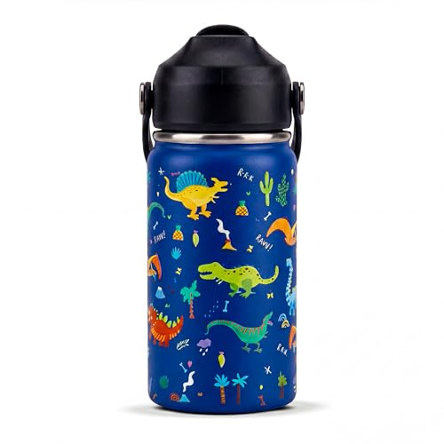 Image of Rioware Kids Insulated Stainless Steel Water Bottle 350ml | Double Wall Vacuum | 24 Hrs Cold & 12 Hrs Hot | Leakproof Flip Top with Straw | BPA-Free | School Bottle with Carry Loop (350 Ml, Blue)