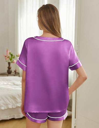 Image of Silk Pajamas for Women Short Sleeve Satin 2 Piece Pj Set Soft V Neck Sleepwear Loungewear, S-XXL