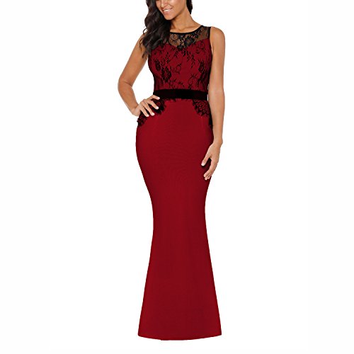 VERWIN Lace Bodycon Women's Maxi Dress Fishtail Party Evening Sleveless Long Dress Red XL